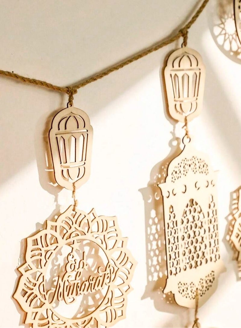 Eid Decorations Hanging Wooden Garland with Lanterns, Crescent & Star – Boho Wall Decor for Home & Parties, Suitable for Eid Decor - Image 3